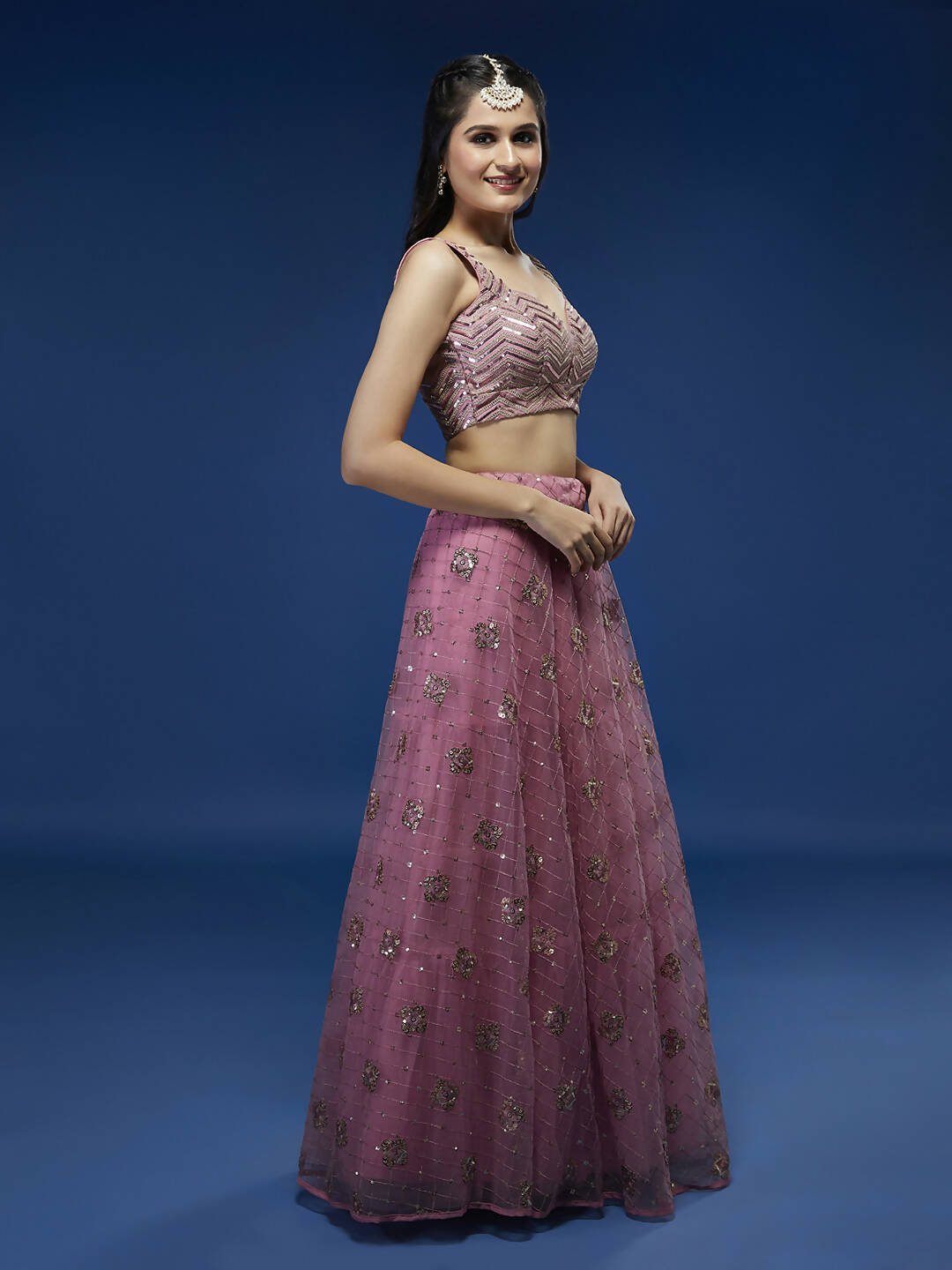 House of Panchhi Pink Net Sequinse Embroidered Lehenga & Blouse with Dupatta - Distacart