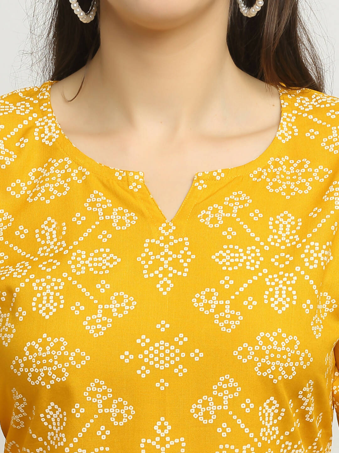 Rudra Bazaar Mustard Printed Bell Sleeve Straight Kurta with Striped Pyjamas - Distacart