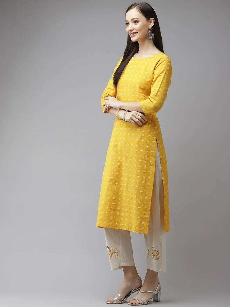 Yufta Women Mustard Yellow Ethnic Motifs Pure Cotton Kurta with Trouser & With Dupatta