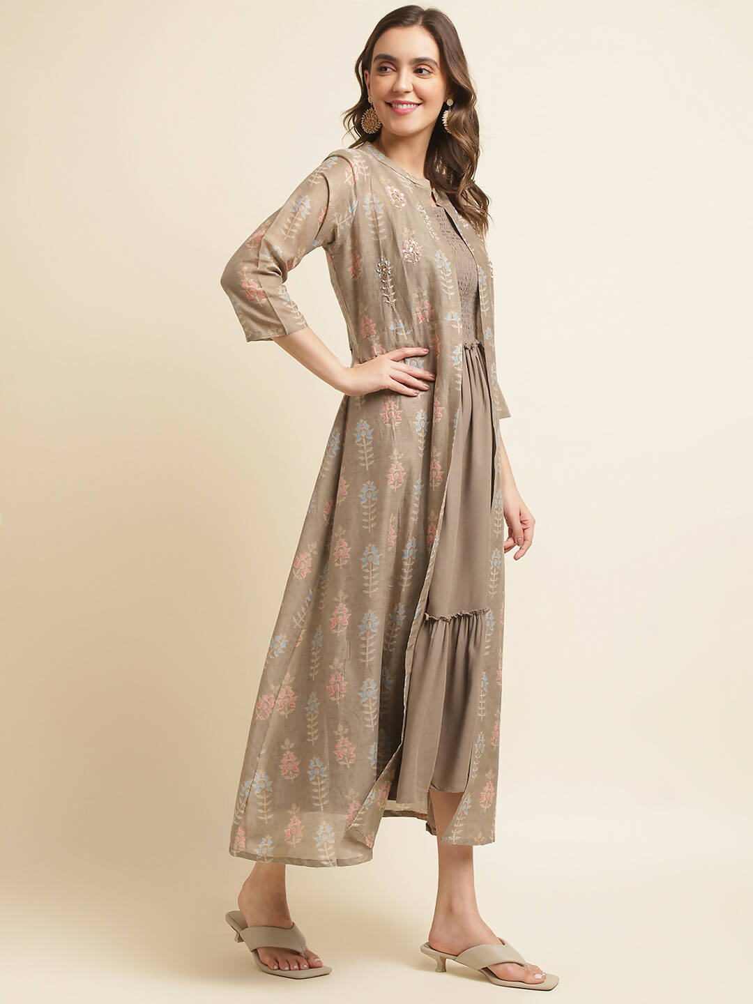 Brown Cotton Solid Flared Dress with Printed Shrug - Yukti - Distacart