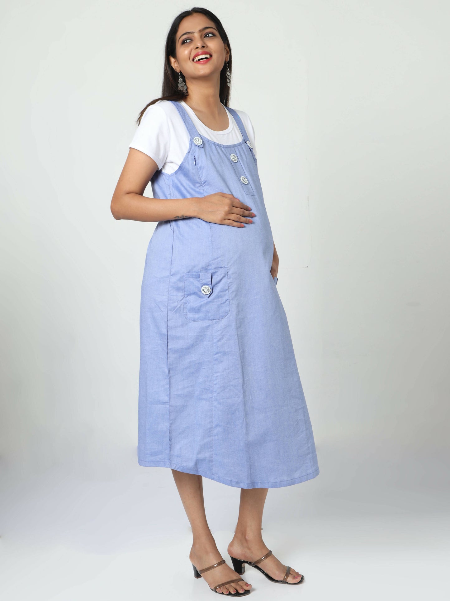 Manet Half Sleeves Solid Maternity Dress With Concealed Zipper Nursing Access - Blue - Distacart