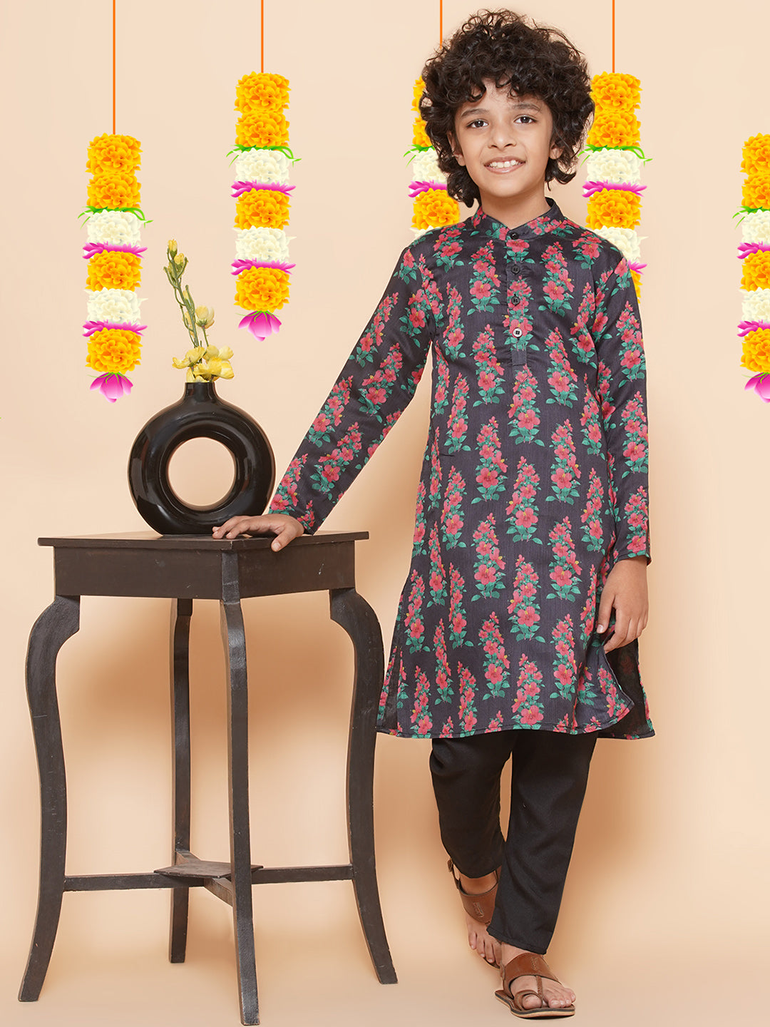 Boys Black Printed Kurta with Pyjamas for Kids - Bhama - Distacart