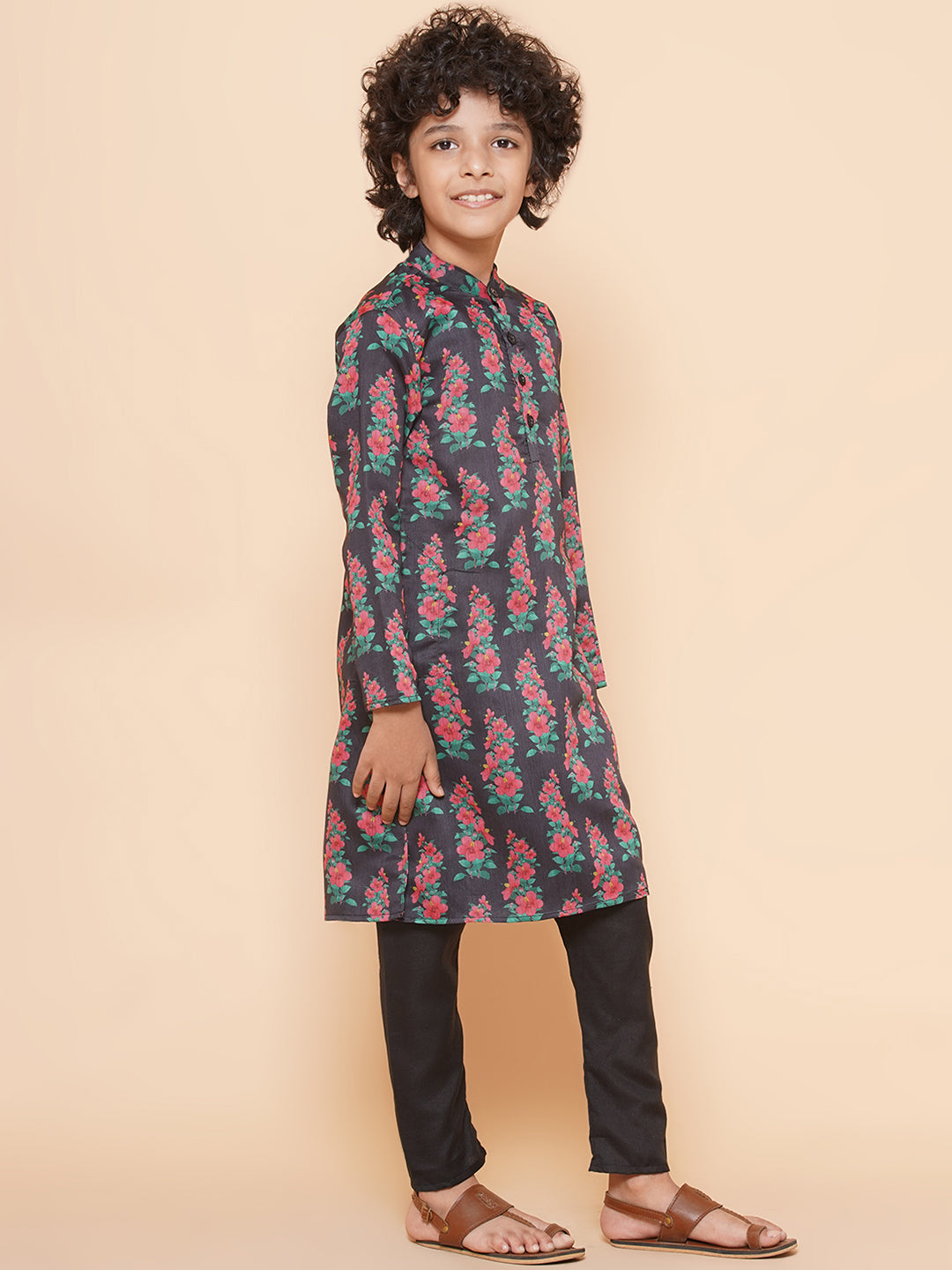 Boys Black Printed Kurta with Pyjamas for Kids - Bhama - Distacart