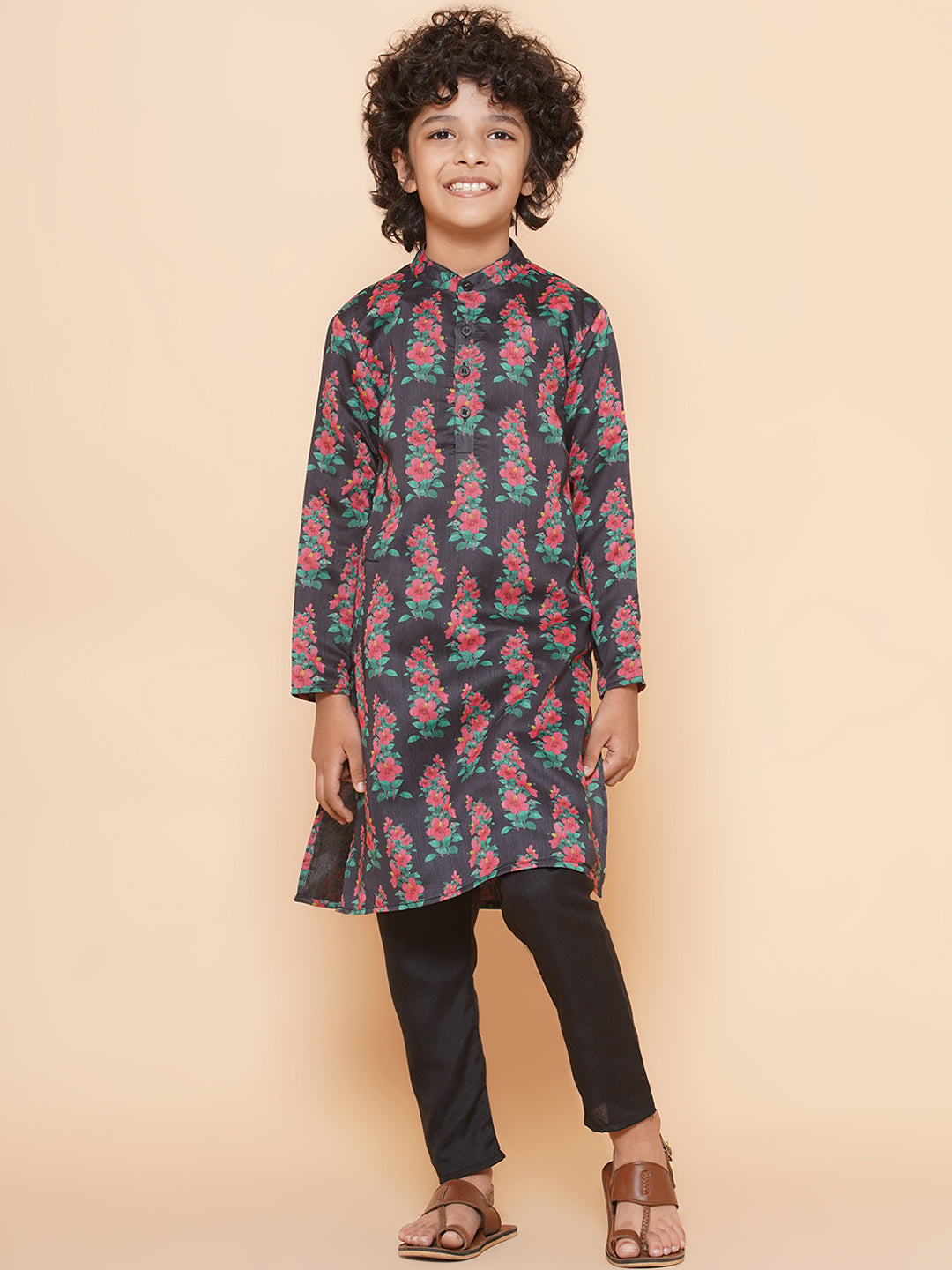 Boys Black Printed Kurta with Pyjamas for Kids - Bhama - Distacart