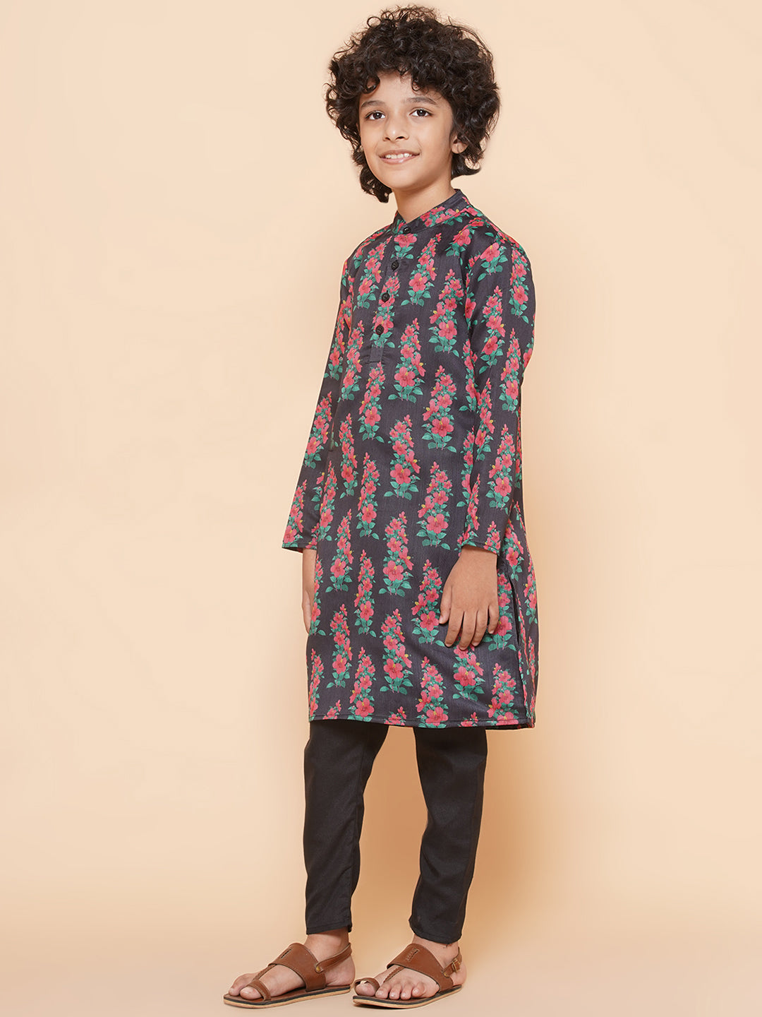 Boys Black Printed Kurta with Pyjamas for Kids - Bhama - Distacart