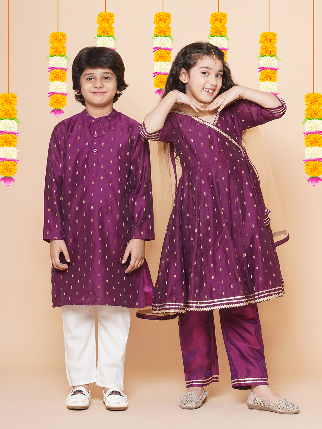 Boys Purple Self Design Booti Kurta with Pyjamas for Kids - Bhama - Distacart