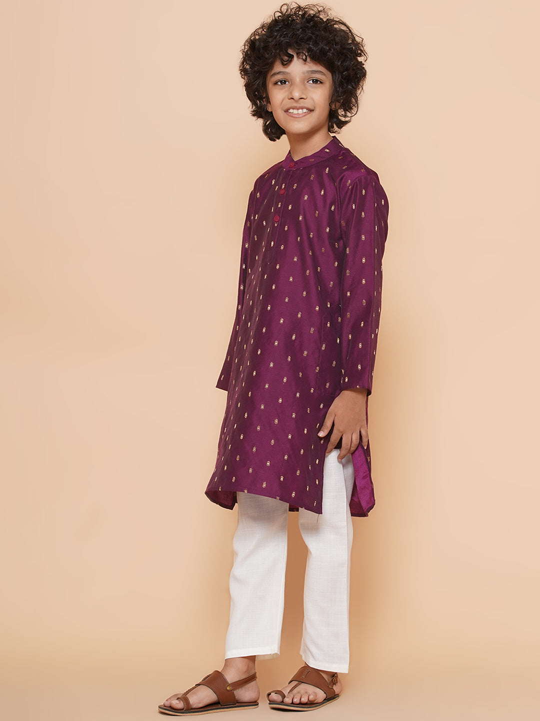 Boys Purple Self Design Booti Kurta with Pyjamas for Kids - Bhama - Distacart