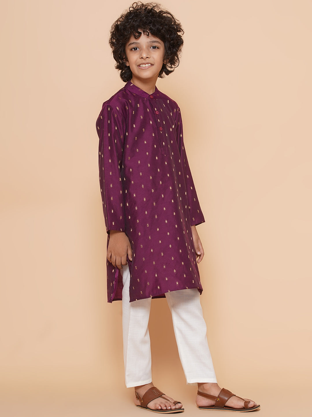 Boys Purple Self Design Booti Kurta with Pyjamas for Kids - Bhama - Distacart