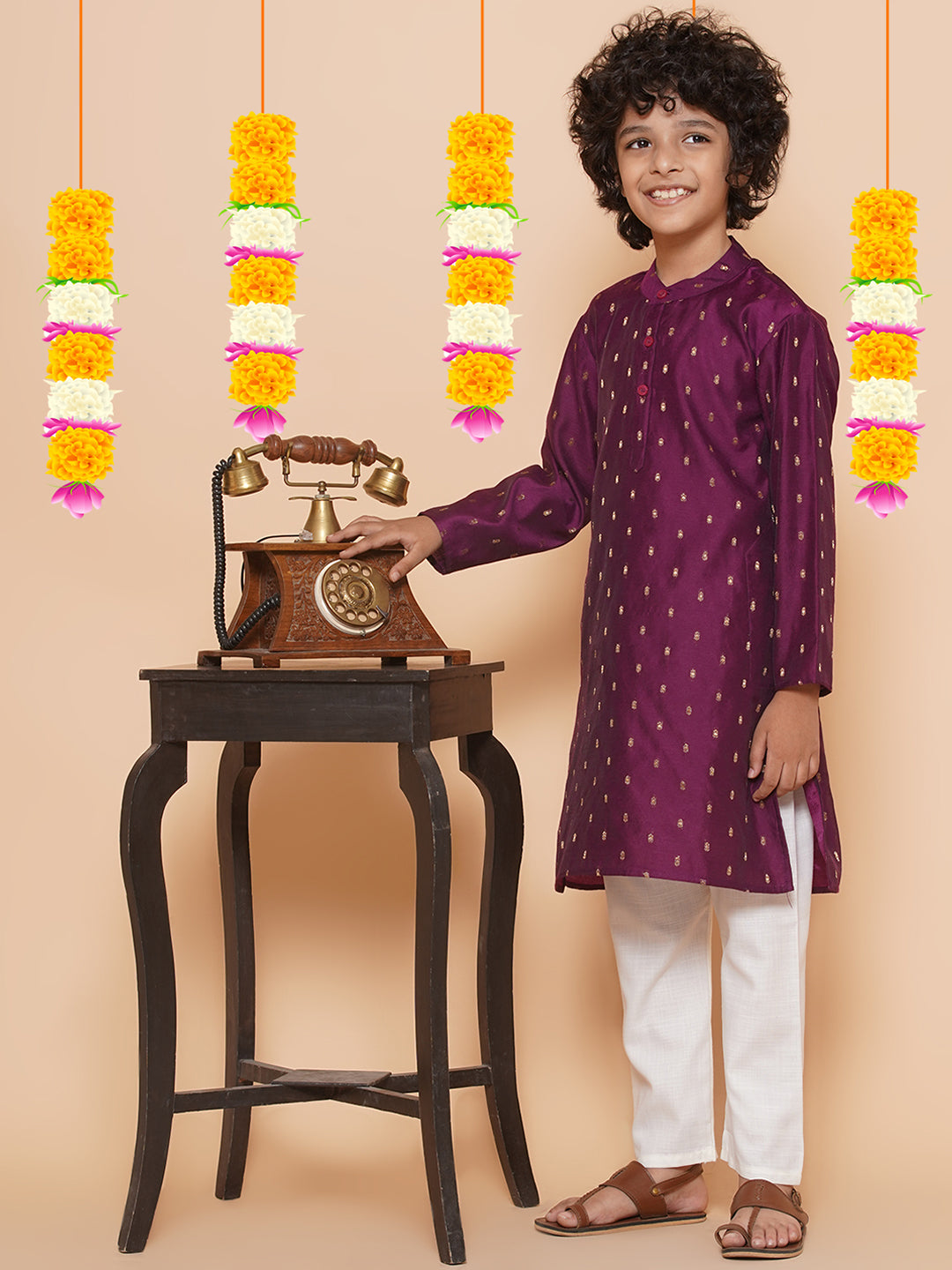 Boys Purple Self Design Booti Kurta with Pyjamas for Kids - Bhama - Distacart