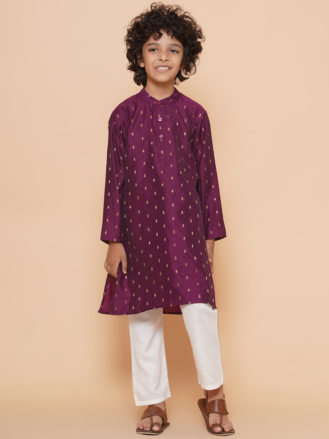 Boys Purple Self Design Booti Kurta with Pyjamas for Kids - Bhama - Distacart
