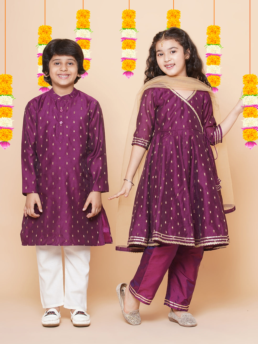Boys Purple Self Design Booti Kurta with Pyjamas for Kids - Bhama - Distacart