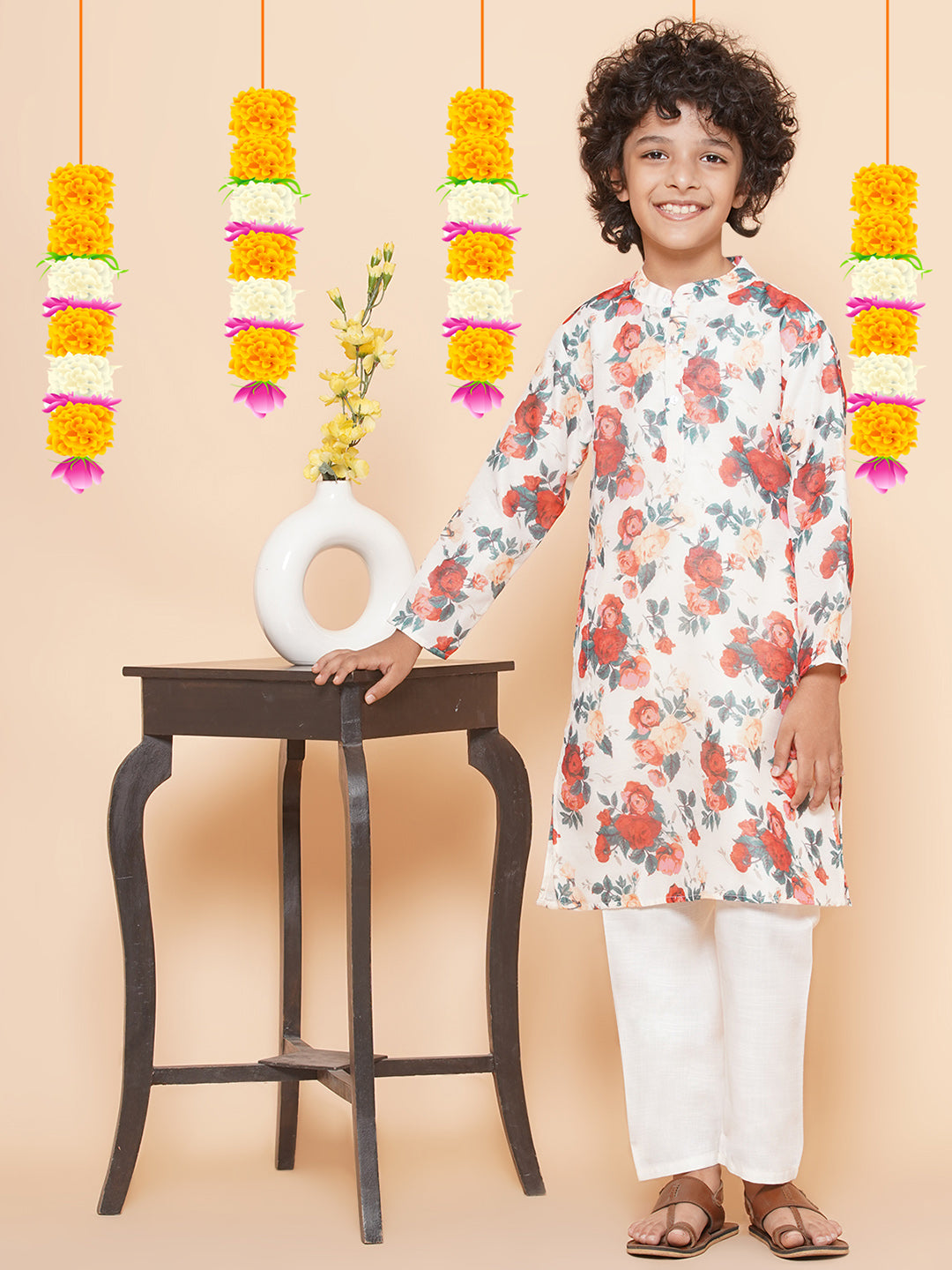 Boys Off-White Multi Printed Kurta with Pyjamas for Kids - Bhama - Distacart