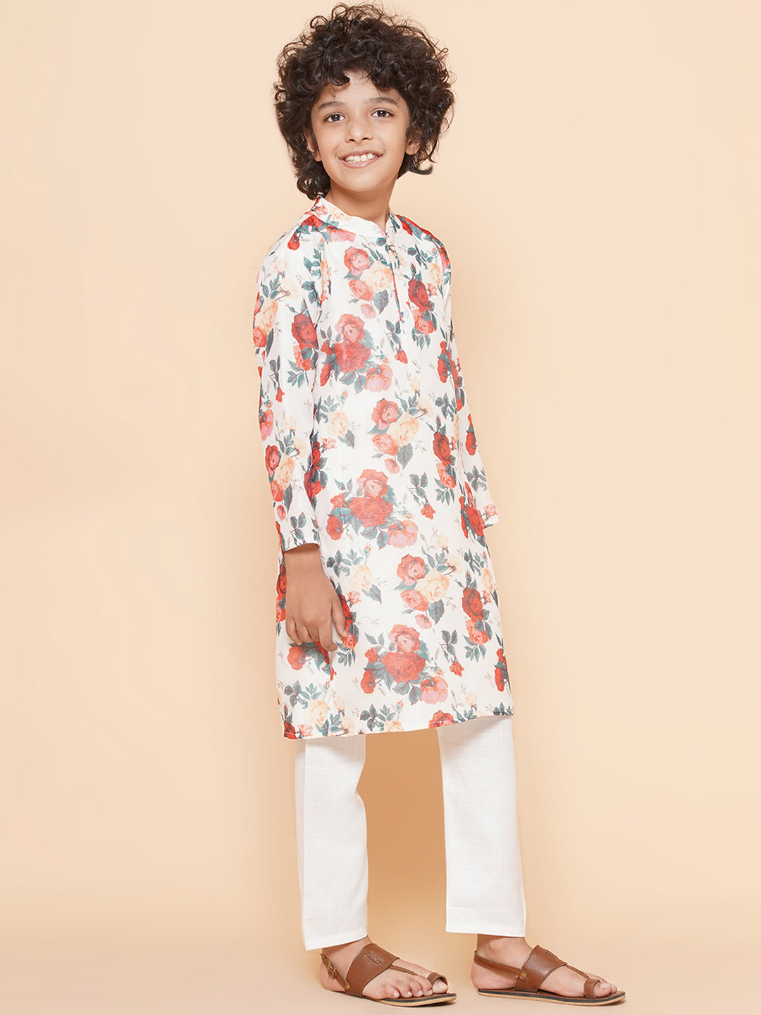 Boys Off-White Multi Printed Kurta with Pyjamas for Kids - Bhama - Distacart
