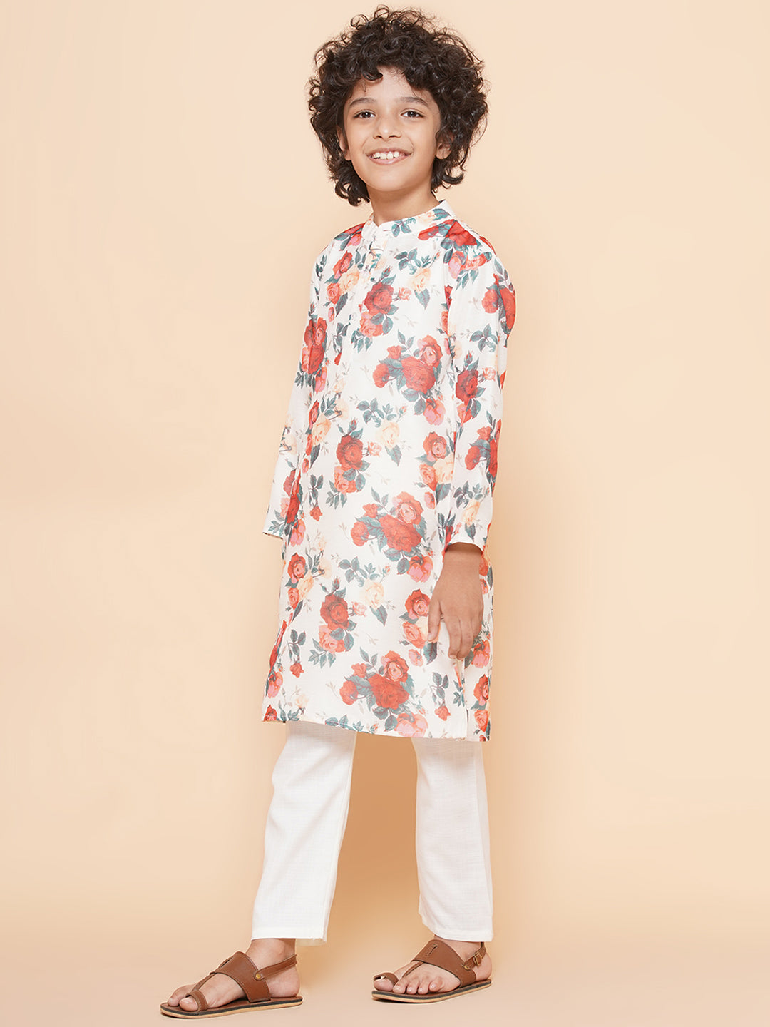 Boys Off-White Multi Printed Kurta with Pyjamas for Kids - Bhama - Distacart
