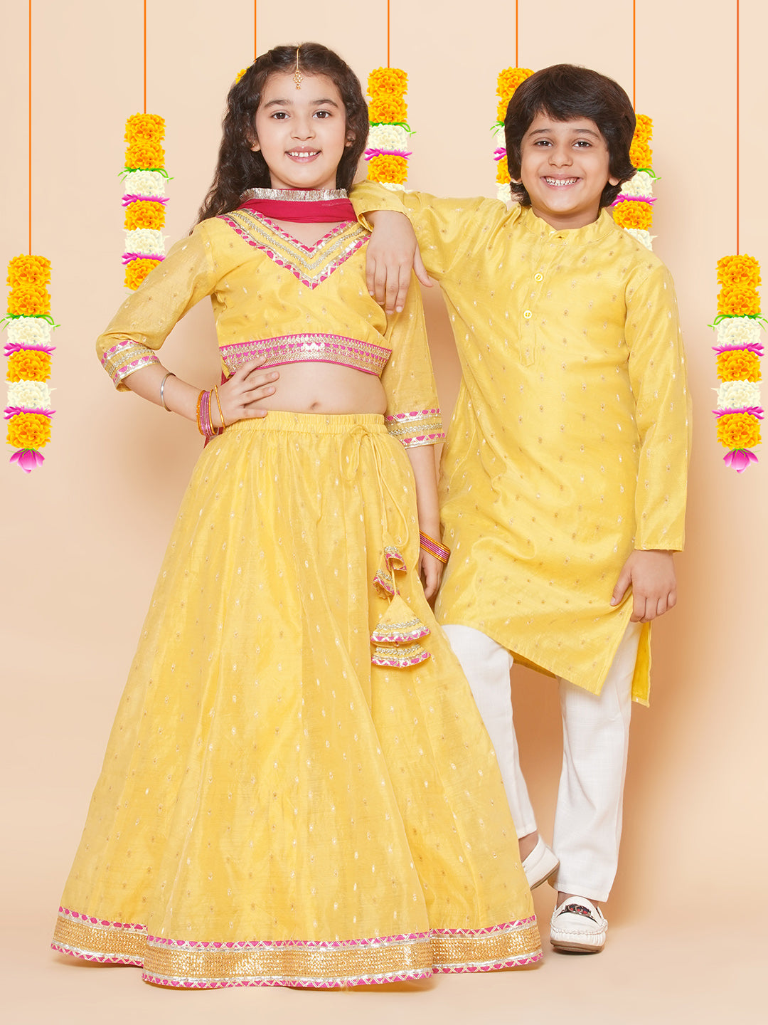 Boys Yellow Self Design Booti Kurta with Pyjamas for Kids - Bhama - Distacart