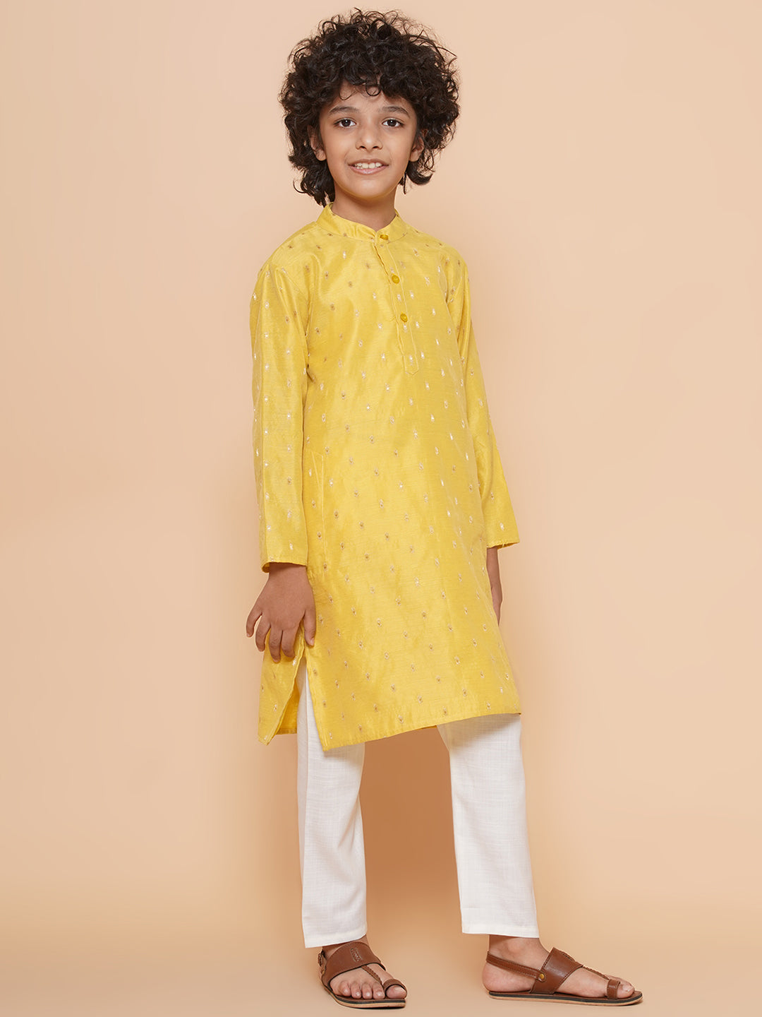 Boys Yellow Self Design Booti Kurta with Pyjamas for Kids - Bhama - Distacart