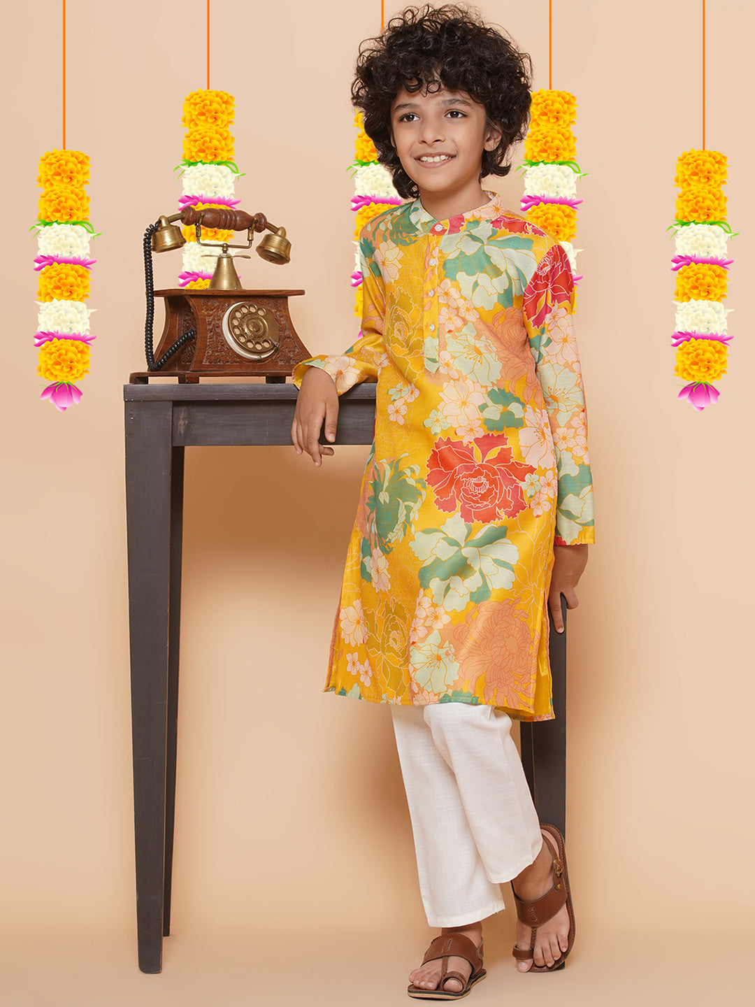 Boys Yellow Printed Kurta with Pyjamas for Kids - Bhama - Distacart