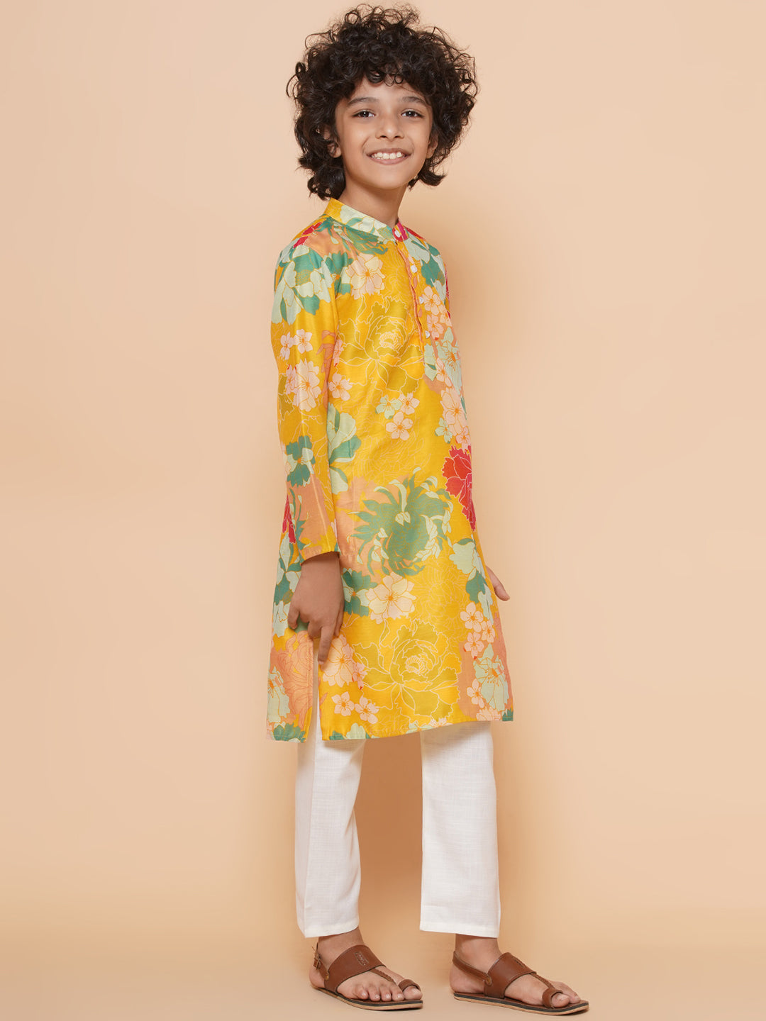 Boys Yellow Printed Kurta with Pyjamas for Kids - Bhama - Distacart