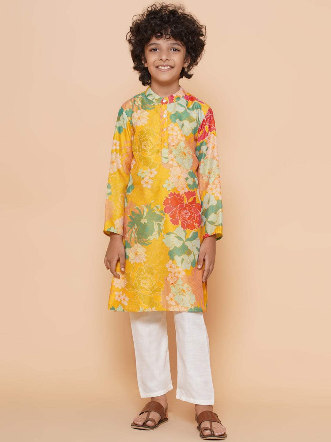 Boys Yellow Printed Kurta with Pyjamas for Kids - Bhama - Distacart