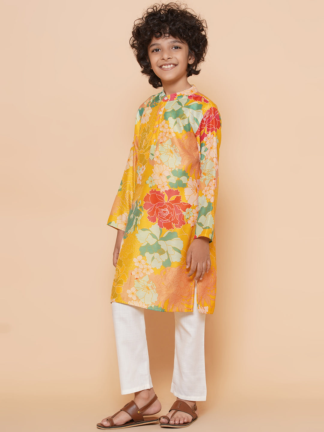 Boys Yellow Printed Kurta with Pyjamas for Kids - Bhama - Distacart