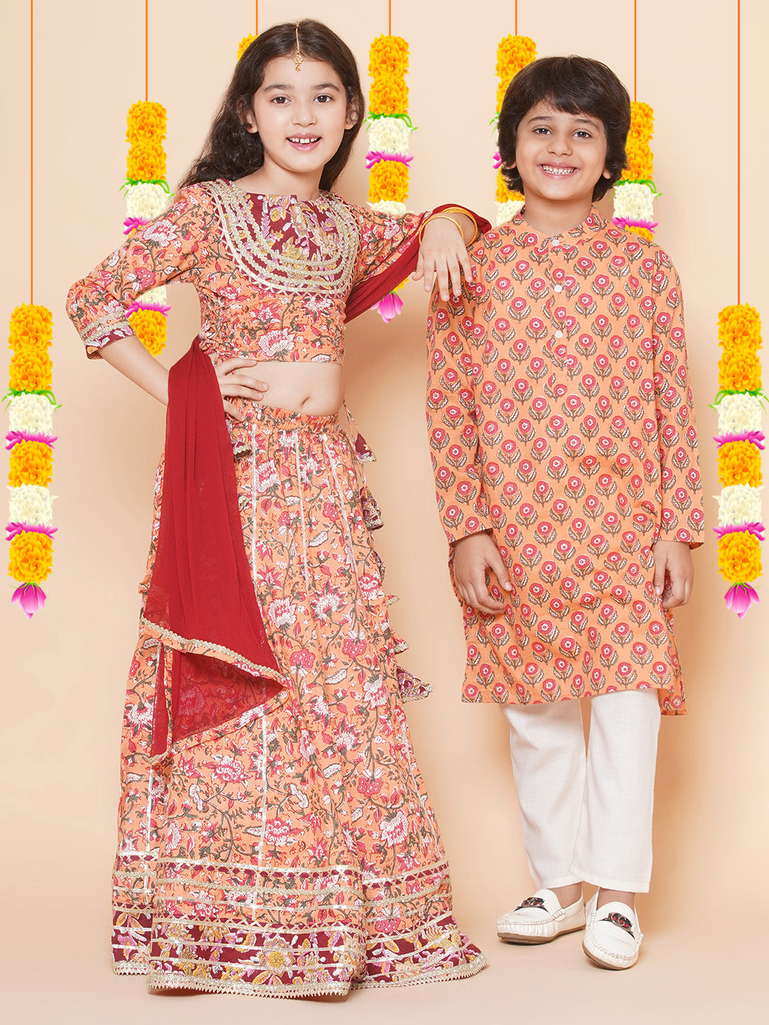 Boys Peach Printed Kurta with Pyjamas for Kids - Bhama - Distacart