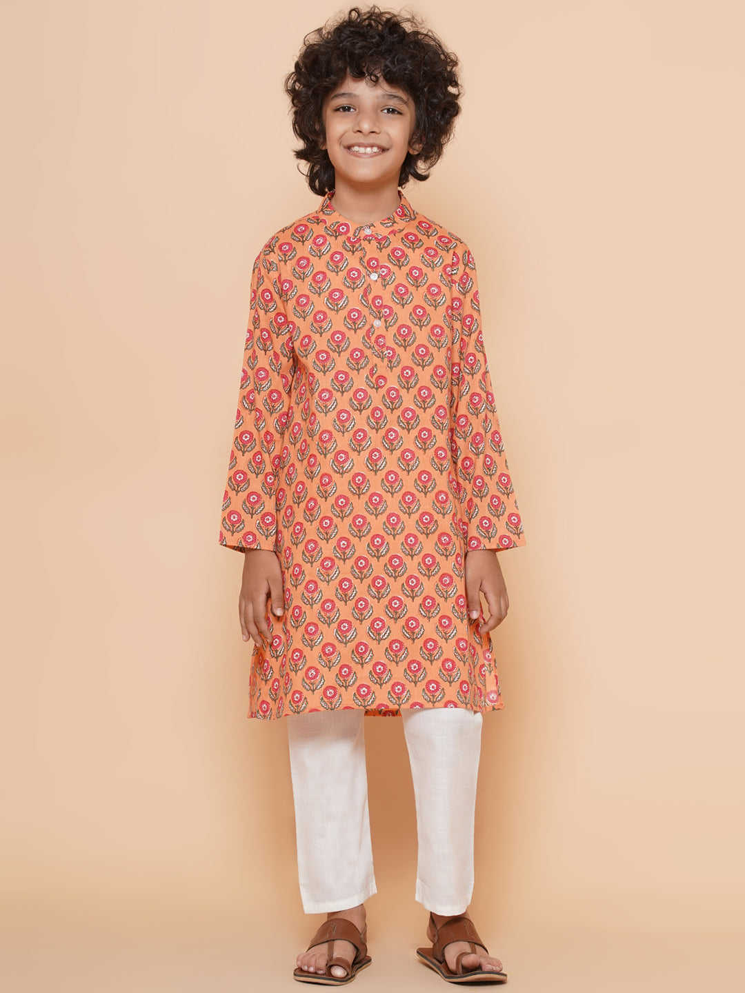 Boys Peach Printed Kurta with Pyjamas for Kids - Bhama - Distacart