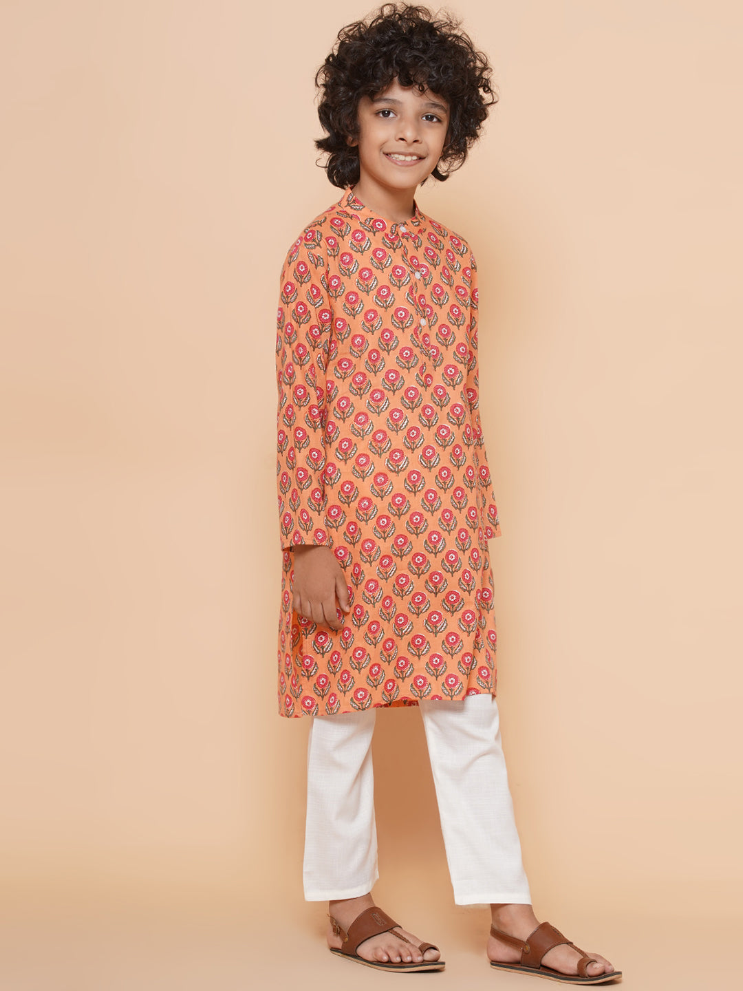 Boys Peach Printed Kurta with Pyjamas for Kids - Bhama - Distacart
