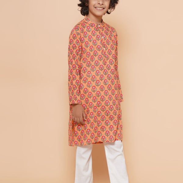 Boys Peach Printed Kurta with Pyjamas for Kids - Bhama - Distacart