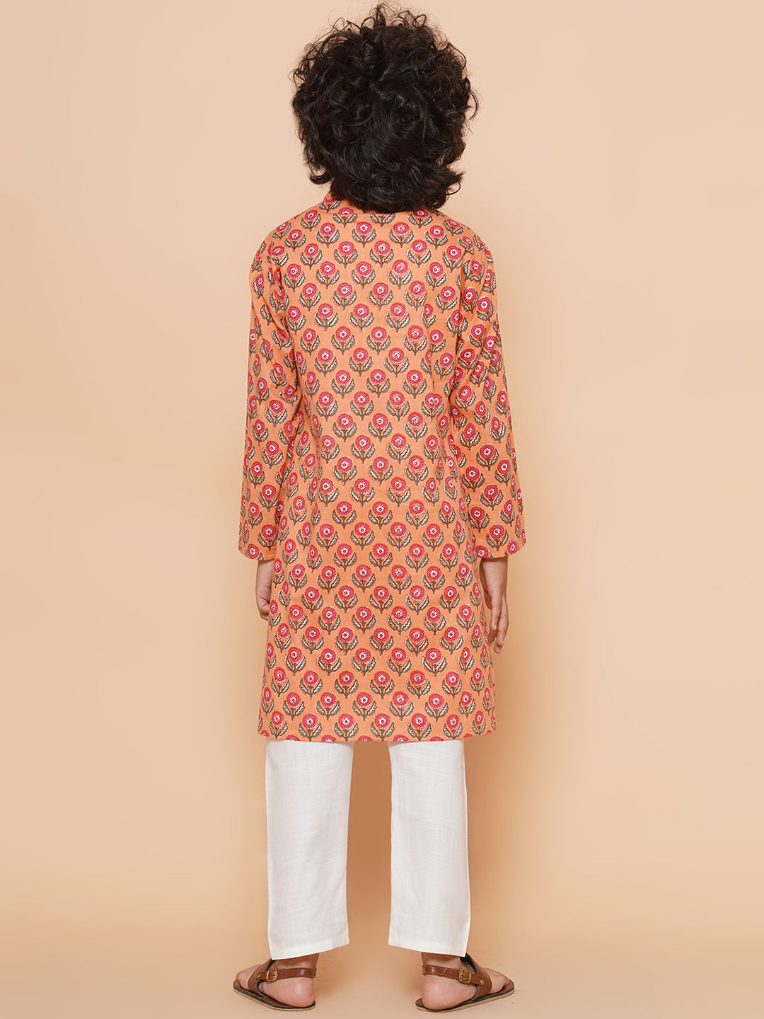 Boys Peach Printed Kurta with Pyjamas for Kids - Bhama - Distacart