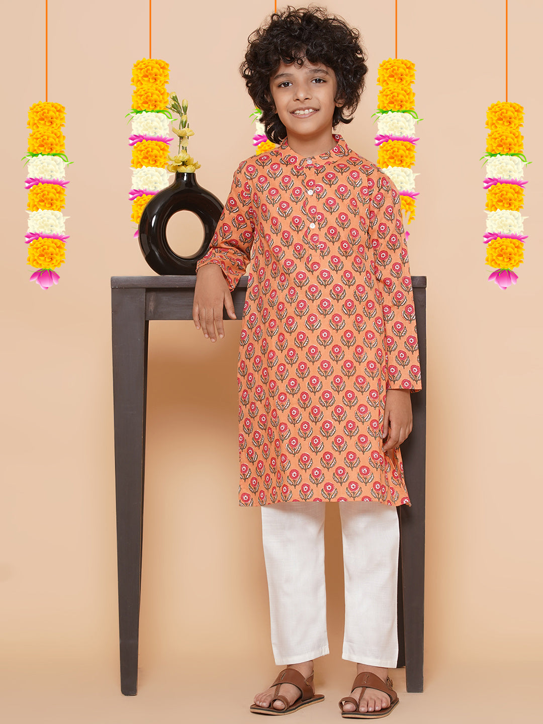 Boys Peach Printed Kurta with Pyjamas for Kids - Bhama - Distacart