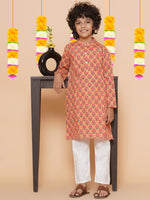 Thumbnail for Boys Peach Printed Kurta with Pyjamas for Kids - Bhama - Distacart