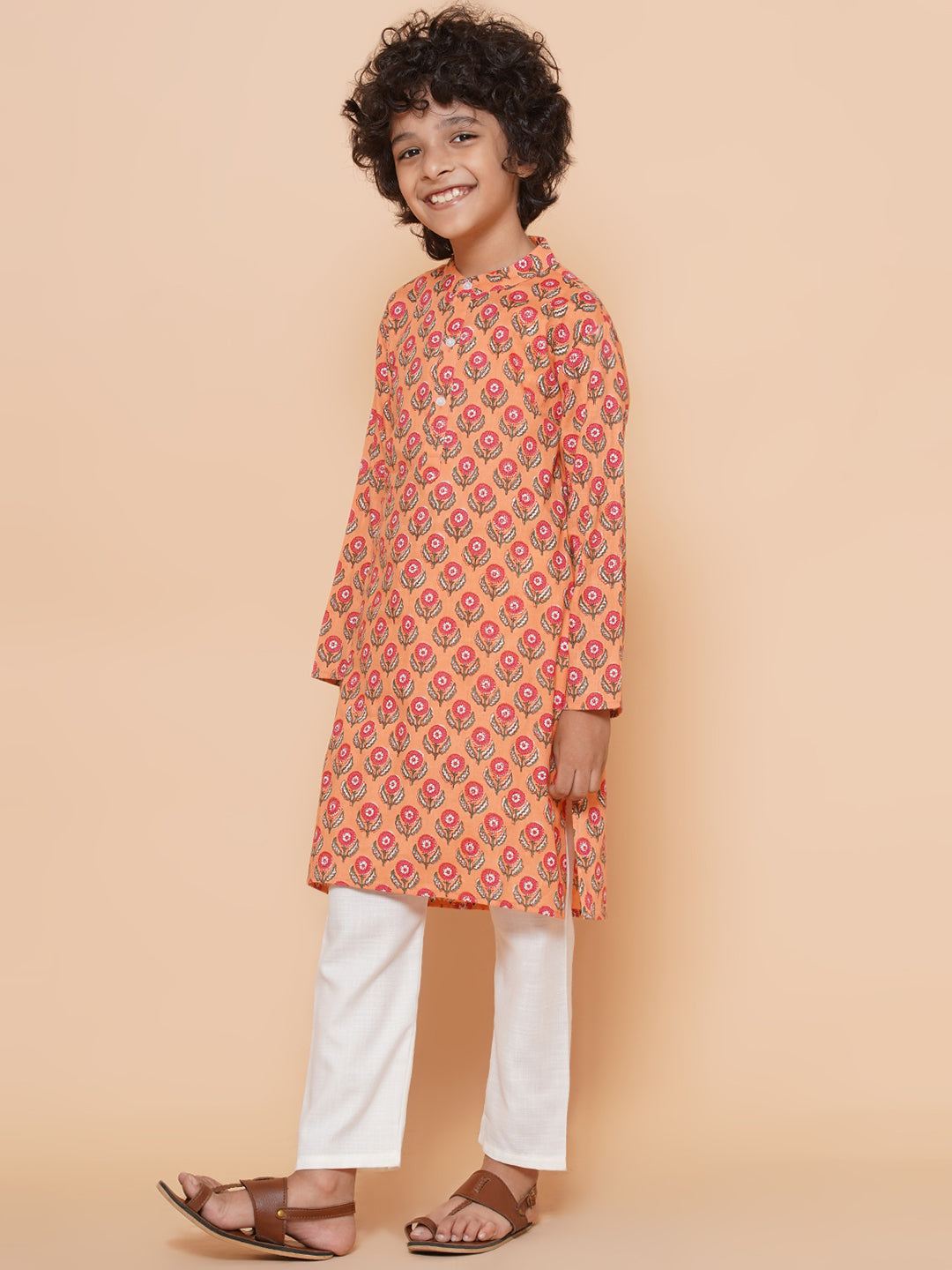 Boys Peach Printed Kurta with Pyjamas for Kids - Bhama - Distacart