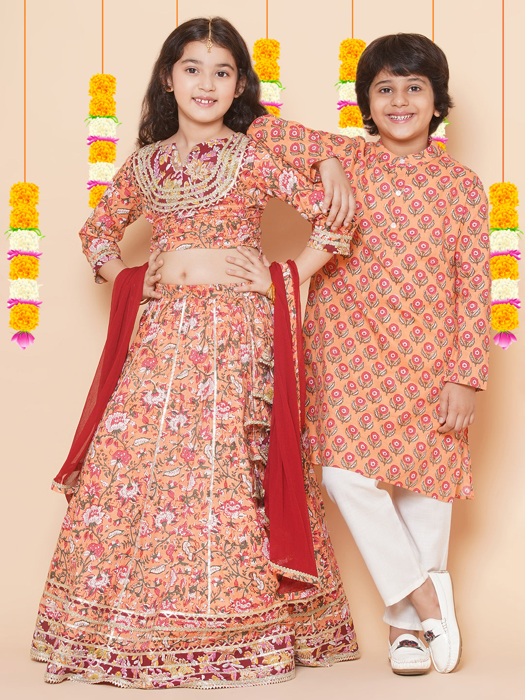 Boys Peach Printed Kurta with Pyjamas for Kids - Bhama - Distacart
