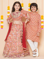 Thumbnail for Boys Peach Printed Kurta with Pyjamas for Kids - Bhama - Distacart