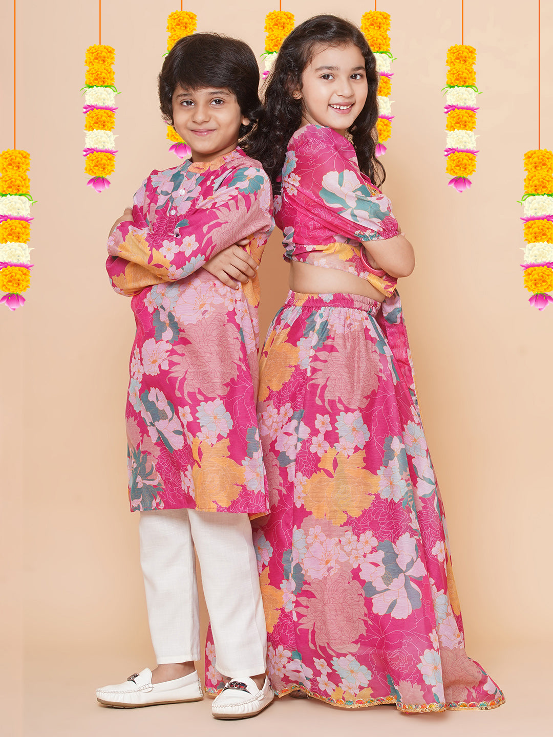 Boys Pink Printed Kurta with Pyjamas for Kids - Bhama - Distacart