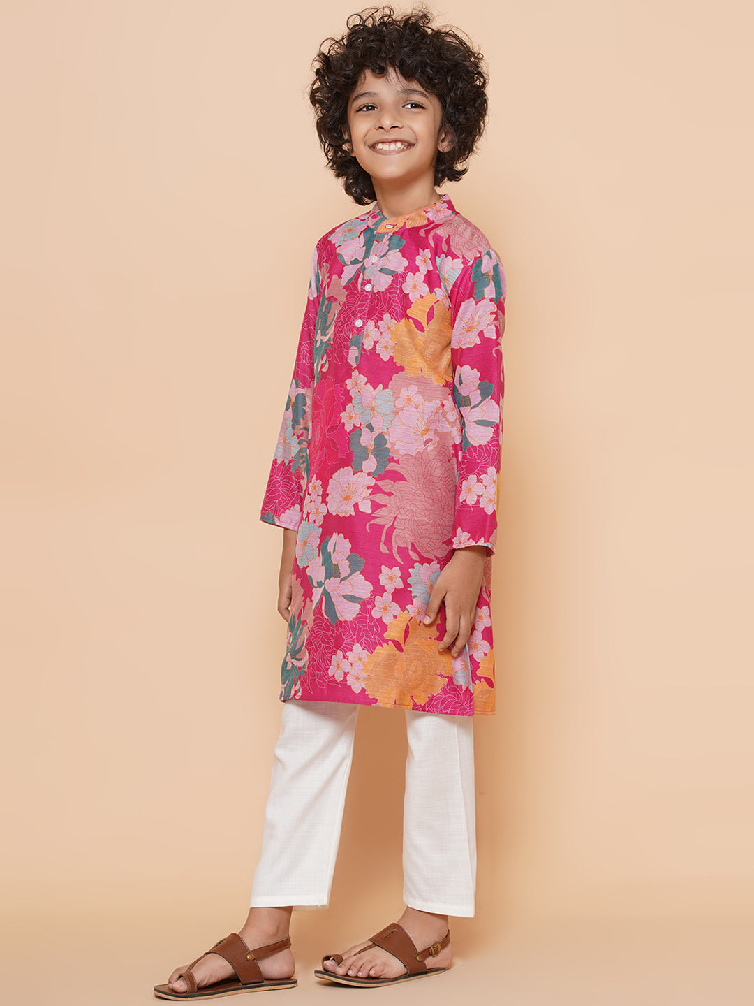 Boys Pink Printed Kurta with Pyjamas for Kids - Bhama - Distacart