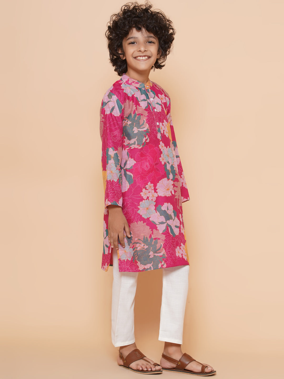 Boys Pink Printed Kurta with Pyjamas for Kids - Bhama - Distacart