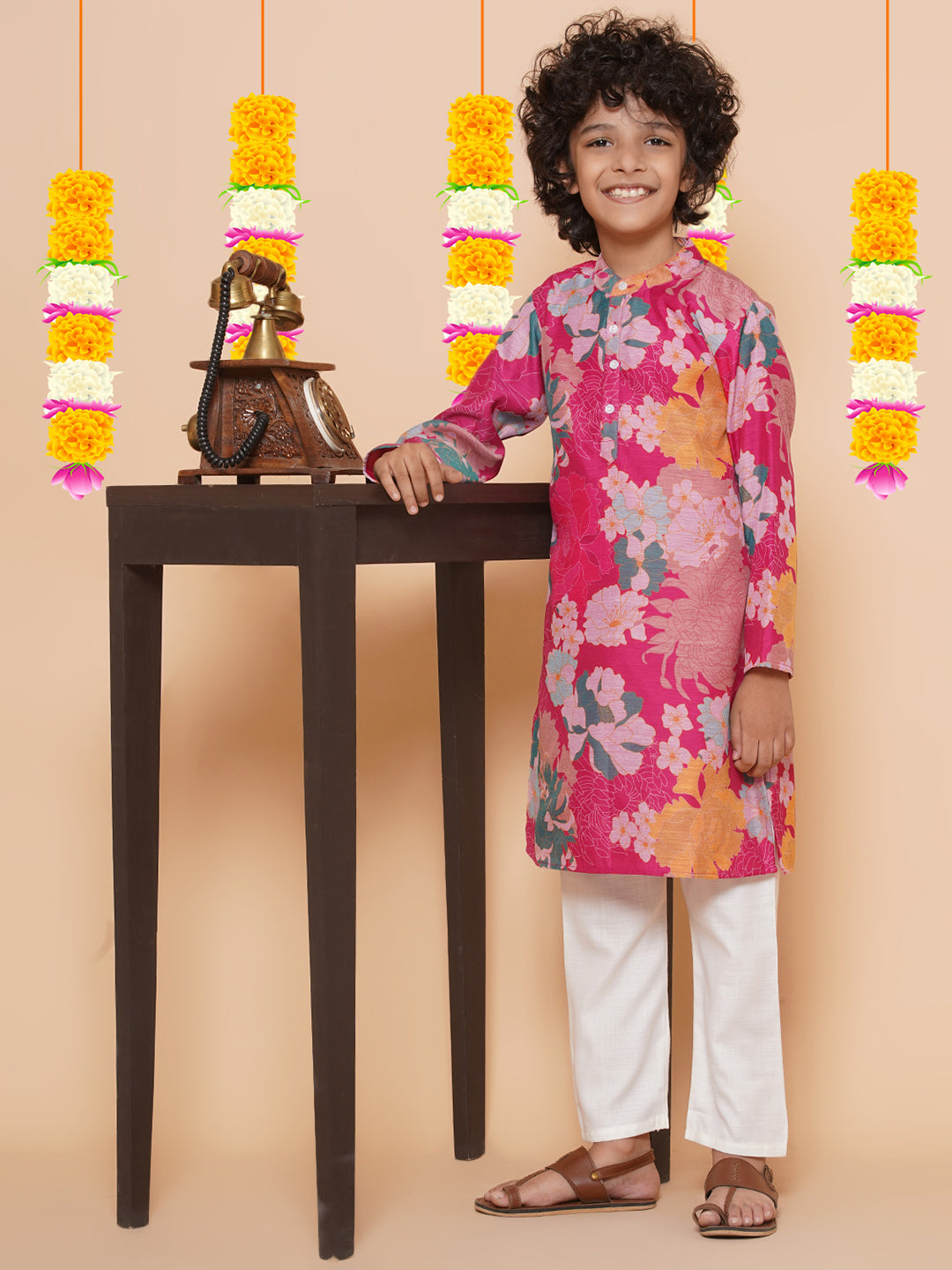 Boys Pink Printed Kurta with Pyjamas for Kids - Bhama - Distacart