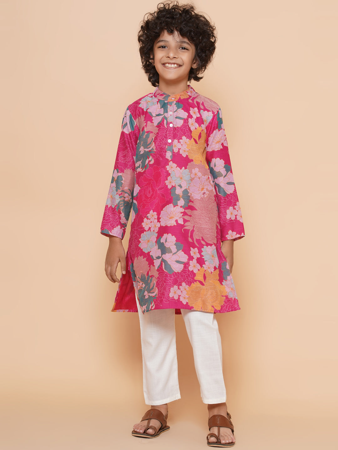 Boys Pink Printed Kurta with Pyjamas for Kids - Bhama - Distacart