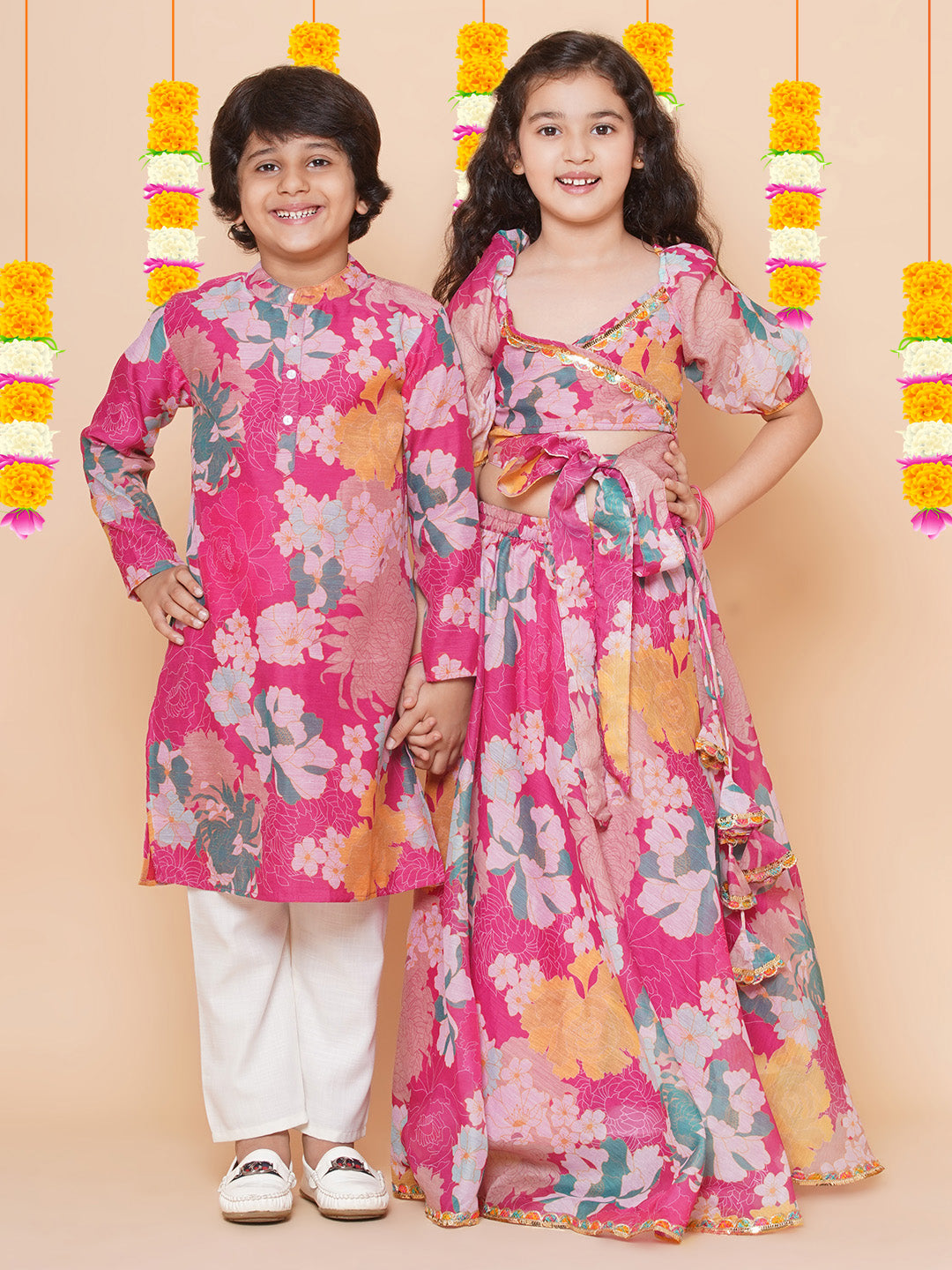 Boys Pink Printed Kurta with Pyjamas for Kids - Bhama - Distacart