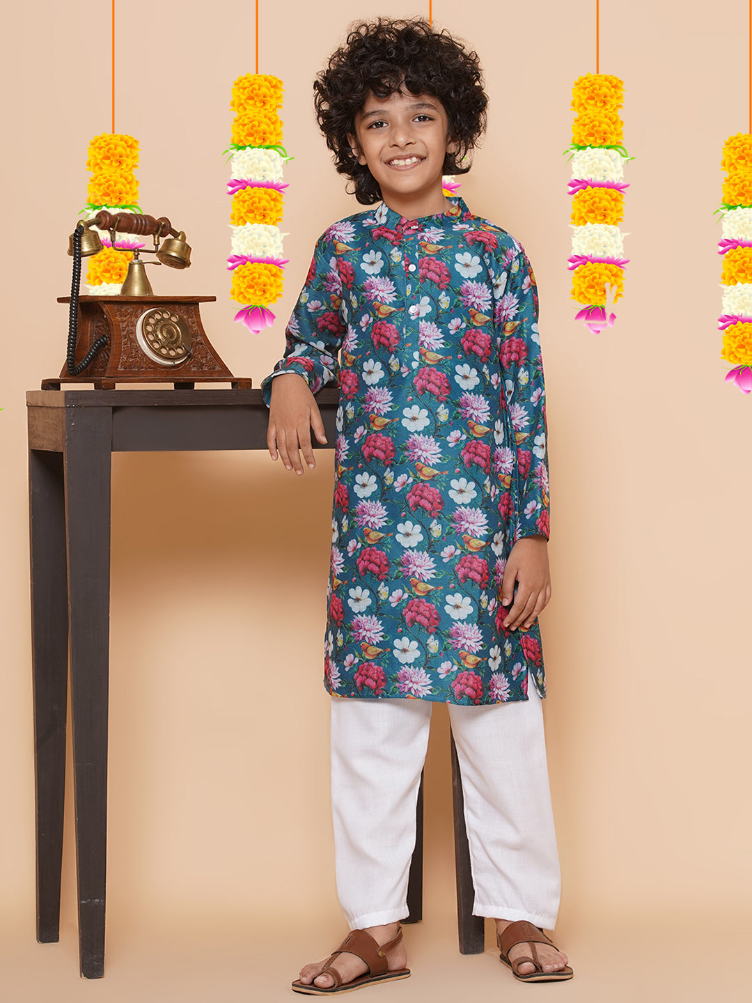 Boys Petrol Blue Printed Kurta with Pyjamas for Kids - Bhama - Distacart