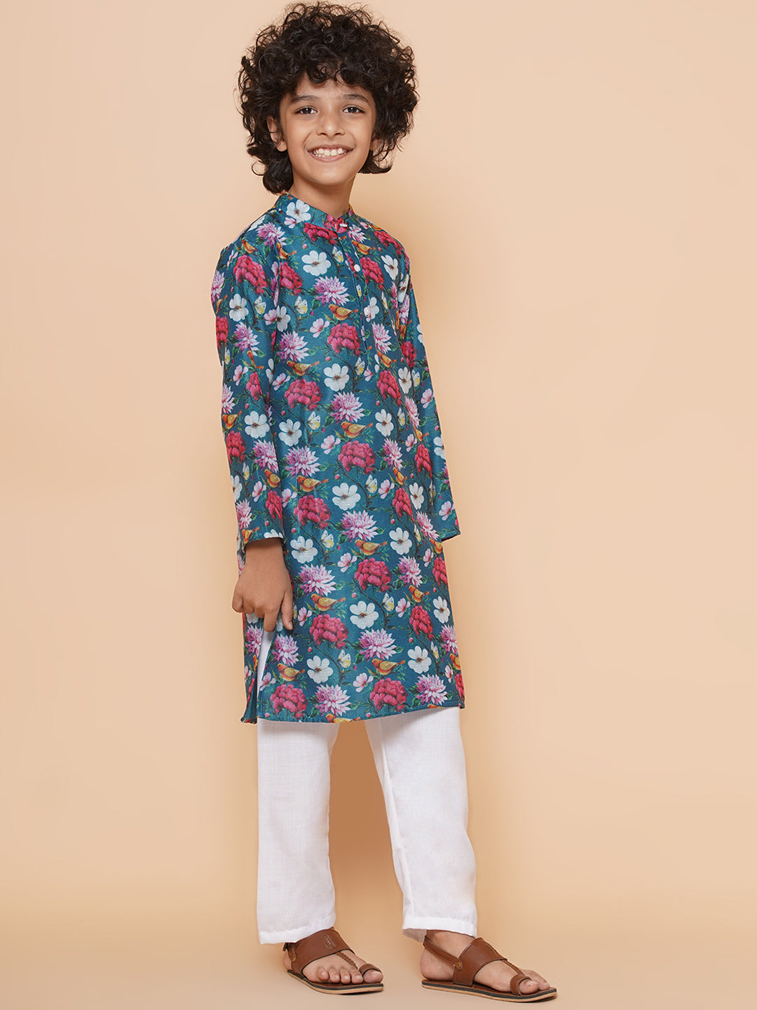 Boys Petrol Blue Printed Kurta with Pyjamas for Kids - Bhama - Distacart