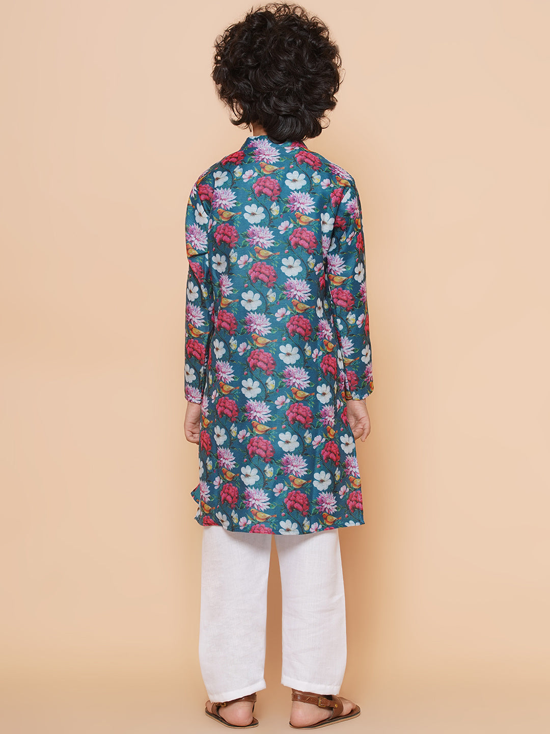 Boys Petrol Blue Printed Kurta with Pyjamas for Kids - Bhama - Distacart