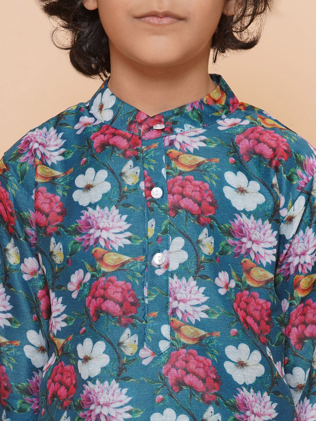 Boys Petrol Blue Printed Kurta with Pyjamas for Kids - Bhama - Distacart