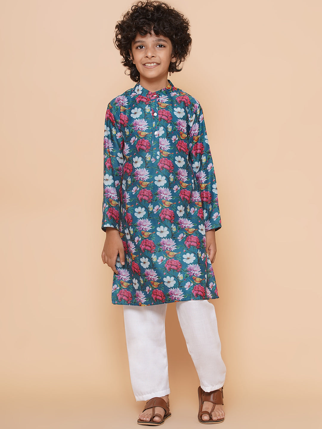 Boys Petrol Blue Printed Kurta with Pyjamas for Kids - Bhama - Distacart