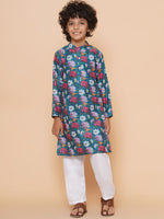 Thumbnail for Boys Petrol Blue Printed Kurta with Pyjamas for Kids - Bhama - Distacart
