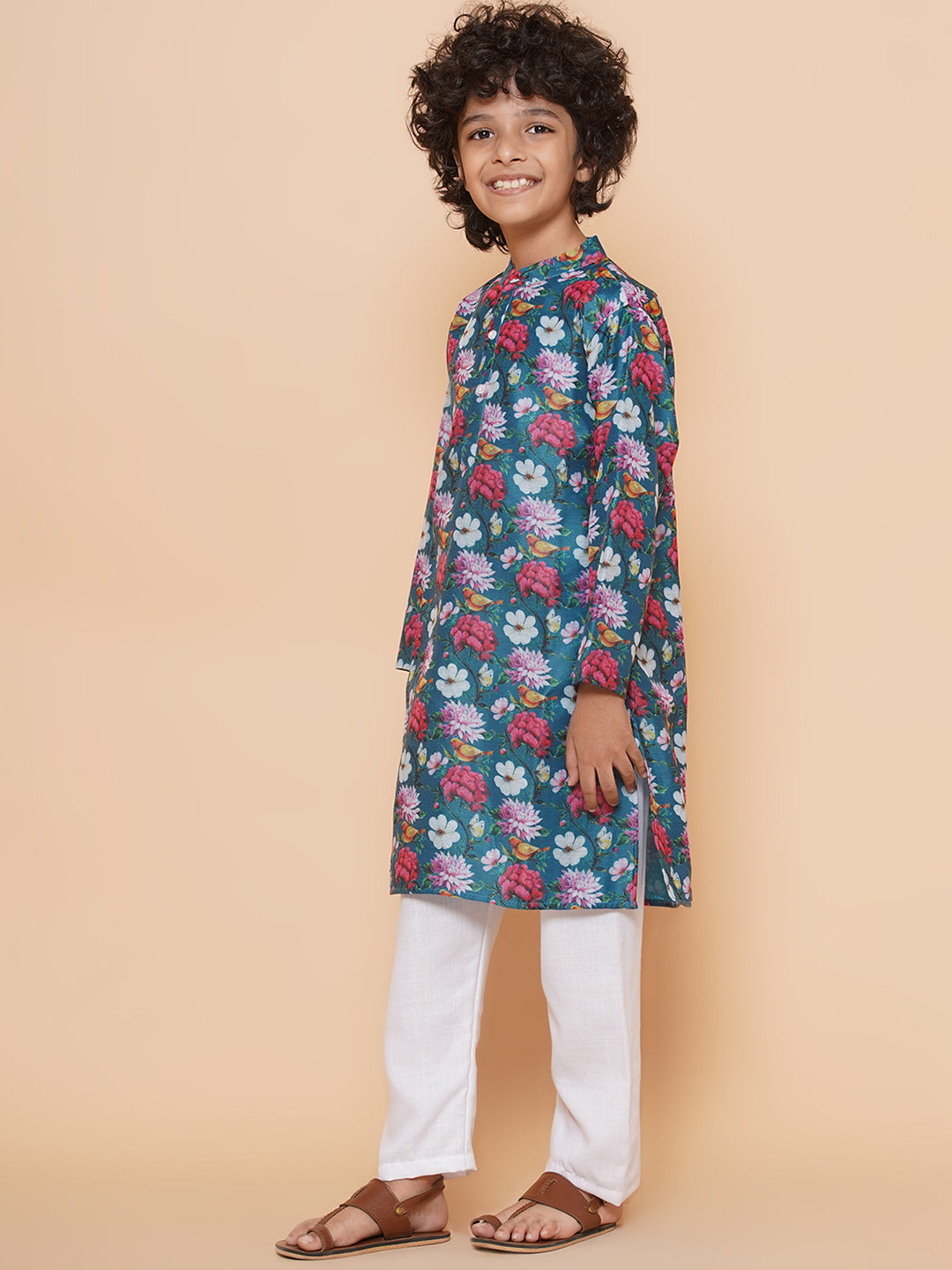 Boys Petrol Blue Printed Kurta with Pyjamas for Kids - Bhama - Distacart