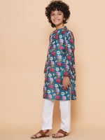 Thumbnail for Boys Petrol Blue Printed Kurta with Pyjamas for Kids - Bhama - Distacart