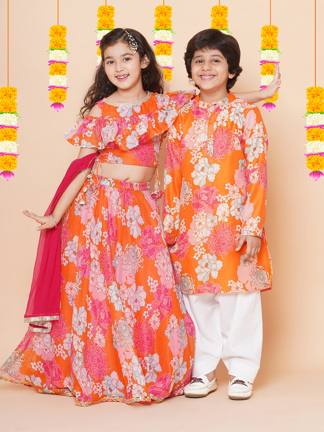 Boys Orange Multi Printed Kurta with Salwar for Kids - Bhama - Distacart
