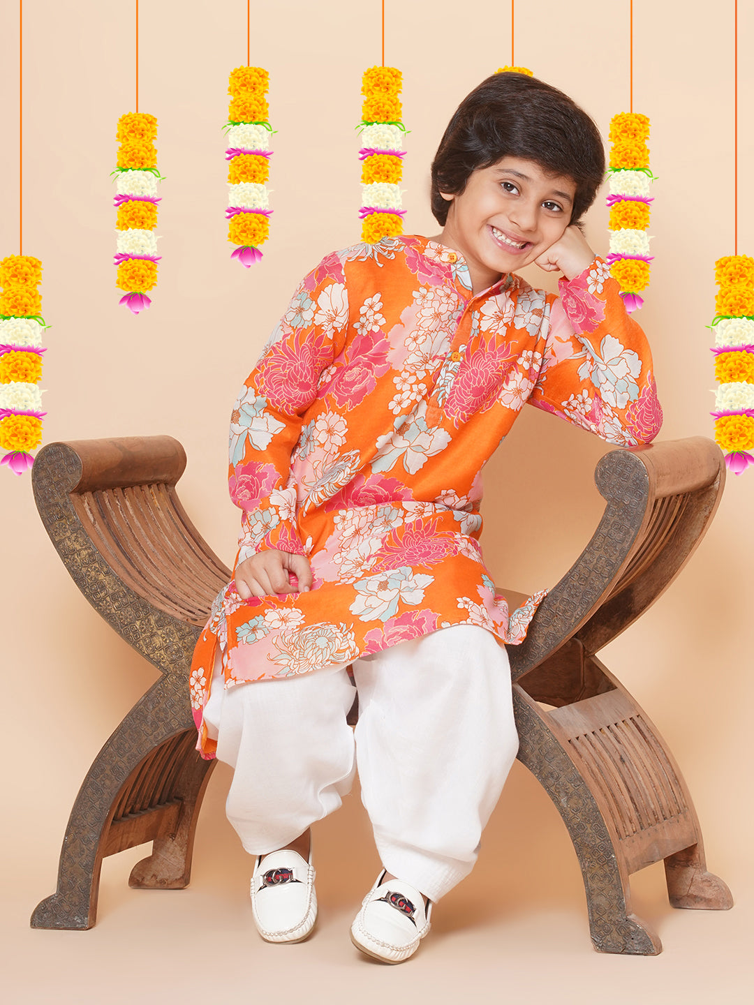 Boys Orange Multi Printed Kurta with Salwar for Kids - Bhama - Distacart